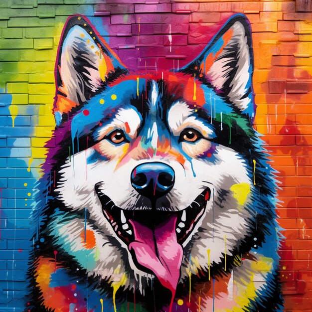 A brightly colored dog painting on a brick wall with a colorful background generative ai