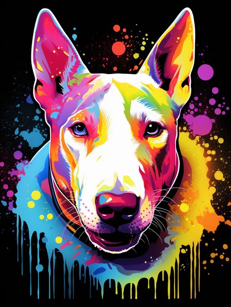 Photo brightly colored dog portrait on black background with paint splatters generative ai