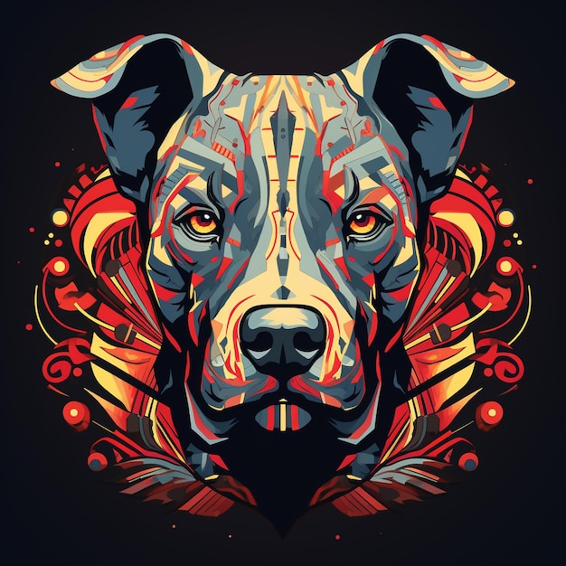 brightly colored dog portrait with ornate design on black background generative ai