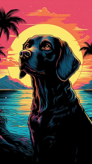 brightly colored dog sitting on beach with palm trees and sunset generative ai