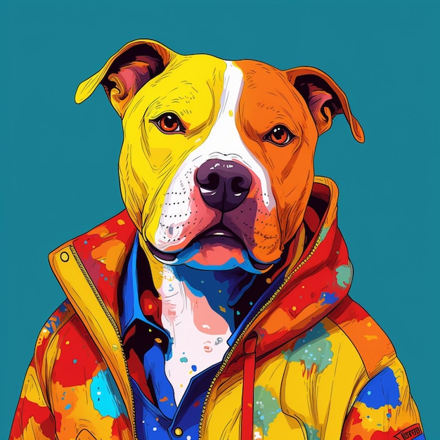 brightly colored dog wearing a jacket and tie on a blue background generative ai