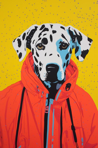 Brightly colored dog wearing orange jacket with black spots on yellow background generative ai