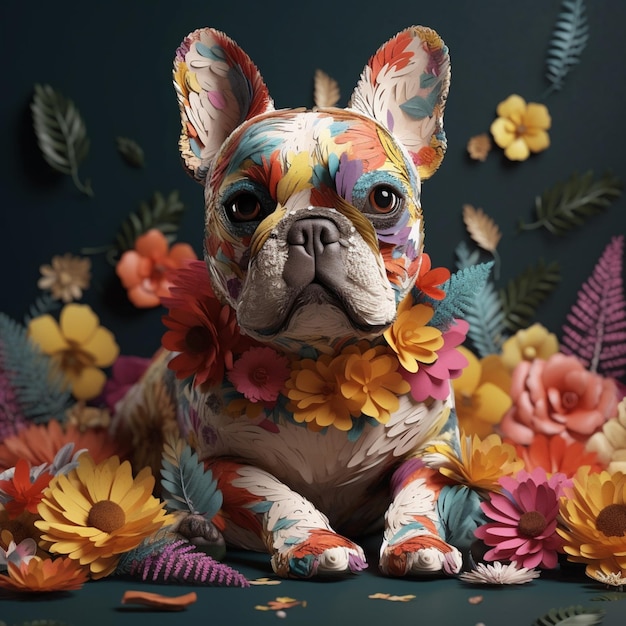 Brightly colored dog with flowers on a dark background generative ai