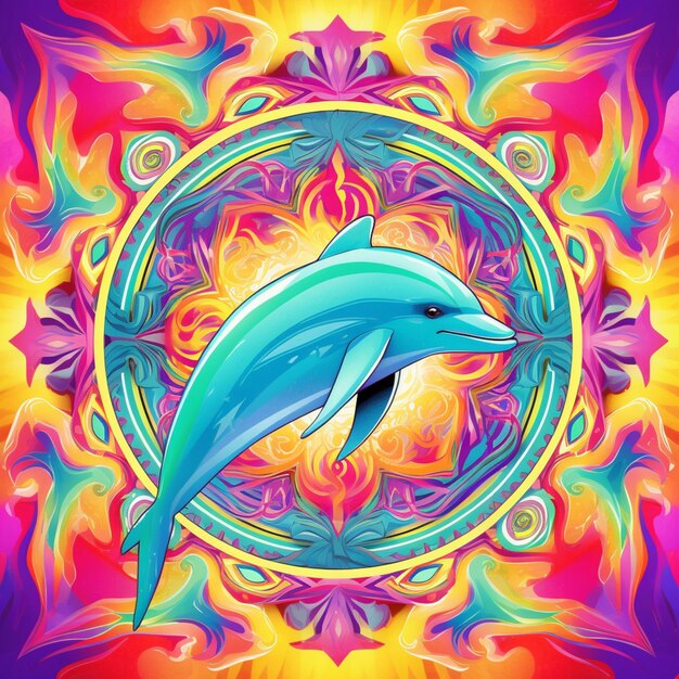 Brightly colored dolphin in a circular frame with a colorful background generative ai