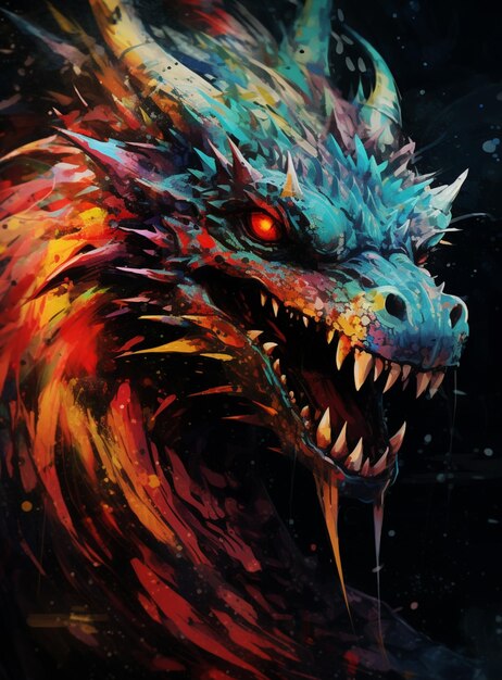 Photo brightly colored dragon head with sharp sharp teeth and sharp sharp teeth generative ai