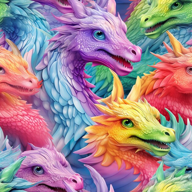 Photo brightly colored dragon heads are lined up in a pattern generative ai