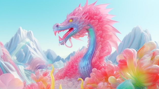 Brightly colored dragon statue in a field of flowers and mountains generative ai
