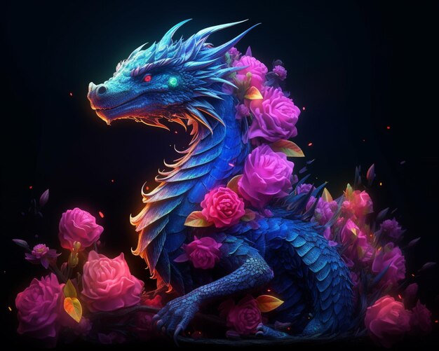 brightly colored dragon with flowers and glowing eyes in a dark room generative ai