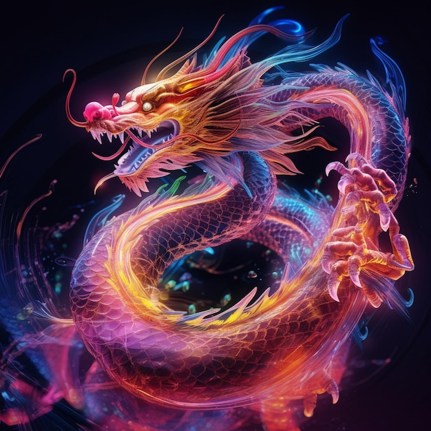 Brightly colored dragon with glowing tail and tail in motion generative ai