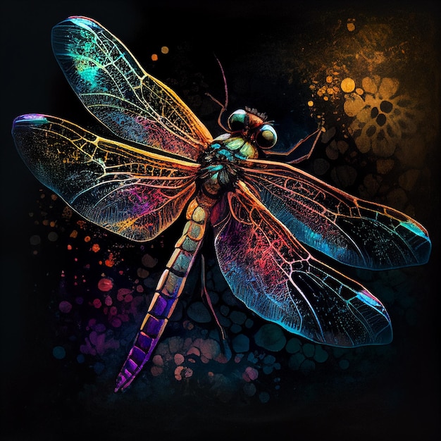 Brightly colored dragonfly with a black background and a dark background generative ai