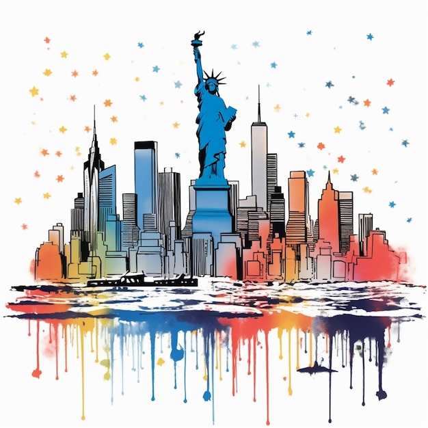 A brightly colored drawing of a city skyline with a statue of liberty generative ai