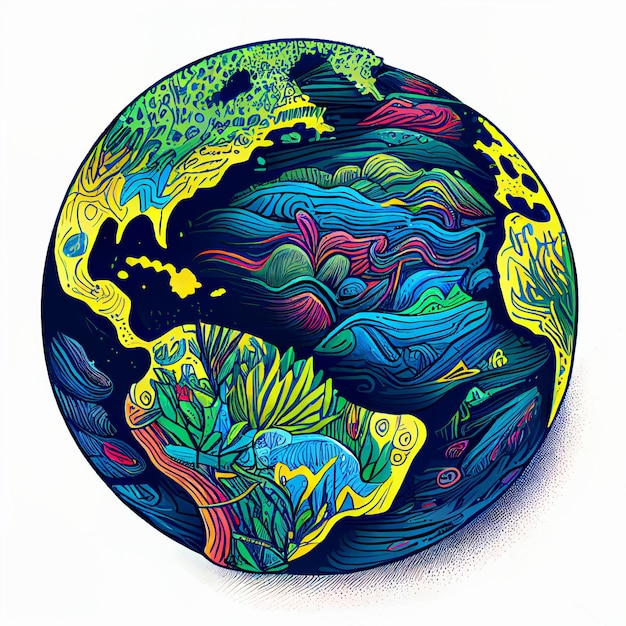 brightly colored drawing of a planet with a variety of animals generative ai