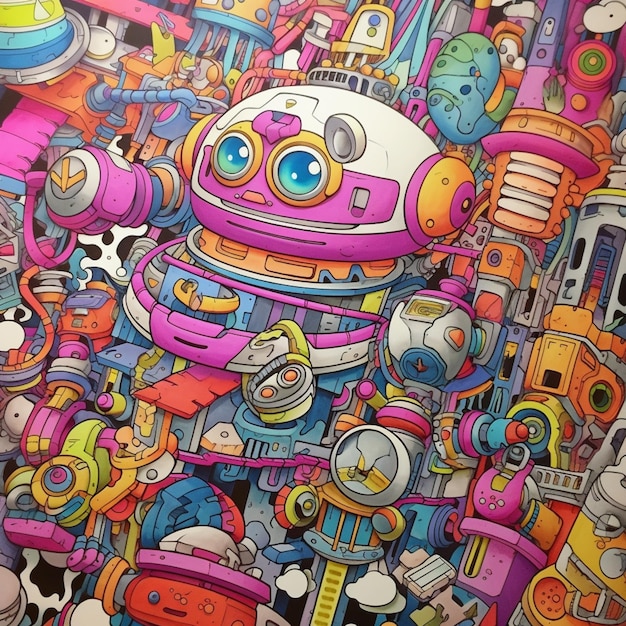 Brightly colored drawing of a robot surrounded by many different objects generative ai