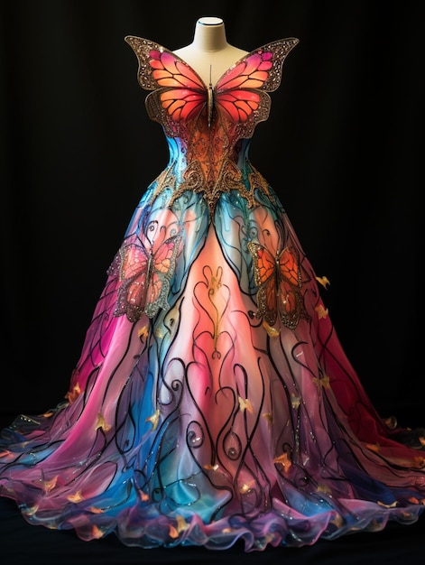 a brightly colored dress with butterfly wings on a mannequin generative ai