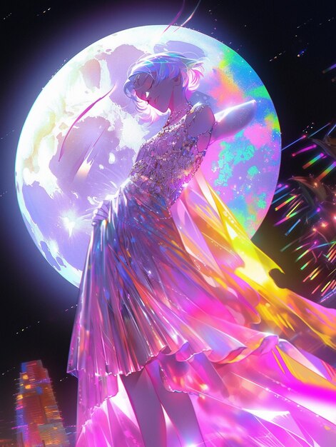 Brightly colored dress with a full moon in the background generative ai