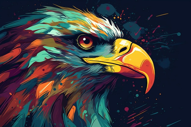 Brightly colored eagle head on a dark background with splats generative ai