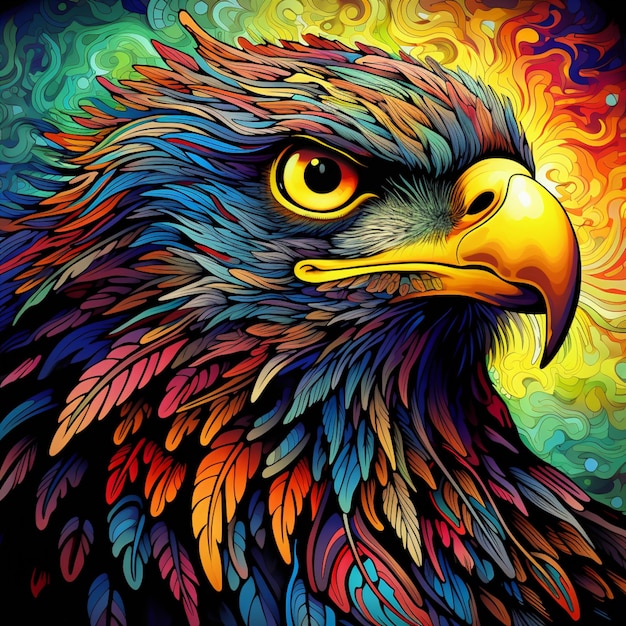 Photo brightly colored eagle head with swirly background generative ai