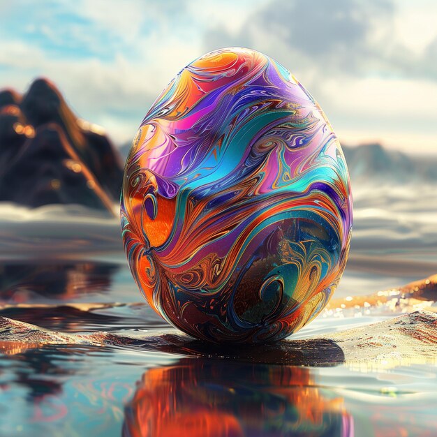 Photo brightly colored egg sitting on the beach with a mountain in the background generative ai