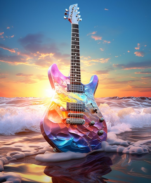 파도가 생성되는 해변에 앉아 있는 밝은 색의 전기 기타