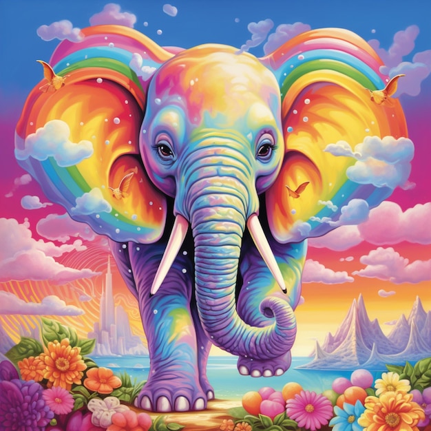 brightly colored elephant standing in front of a colorful landscape with flowers generative ai