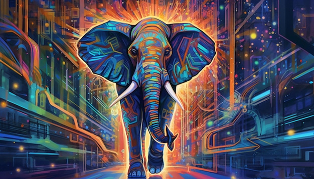 brightly colored elephant walking down a city street at night generative ai