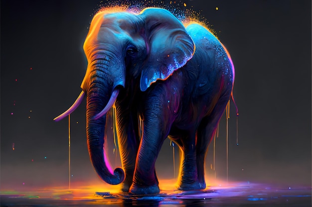 Brightly colored elephant walking in water with splashes of paint generative ai