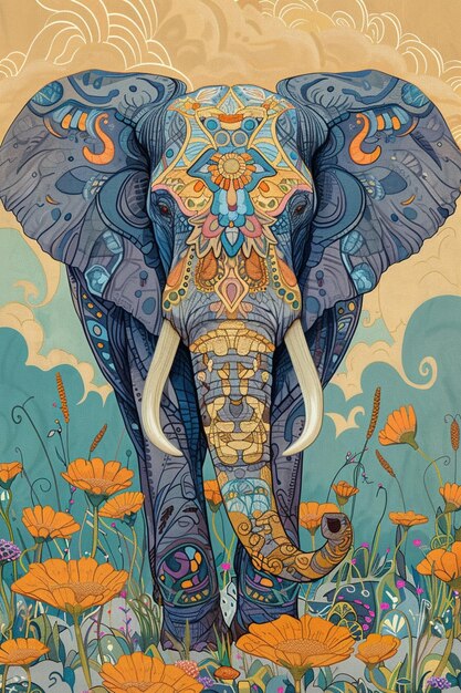 Photo brightly colored elephant with intricate patterns in a field of flowers generative ai