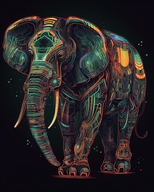 몸에 복잡한 패턴이 있는 밝은 색의 코끼리 생성 AI