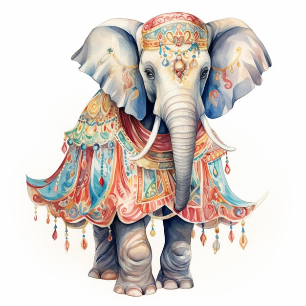 brightly colored elephant with ornate dress and tusks standing in front of white background generative ai