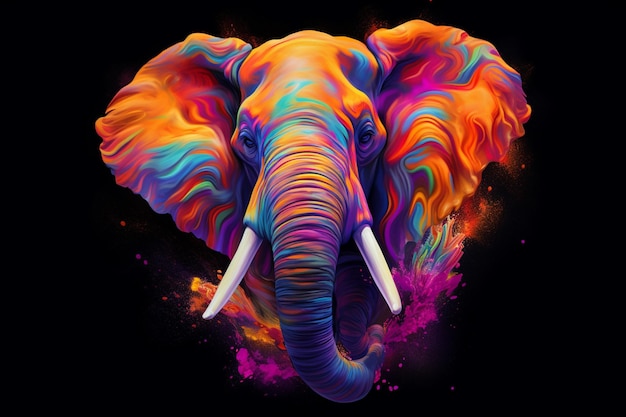 Foto elefante dai colori vivaci con zanne e zanne su sfondo nero ai generativa