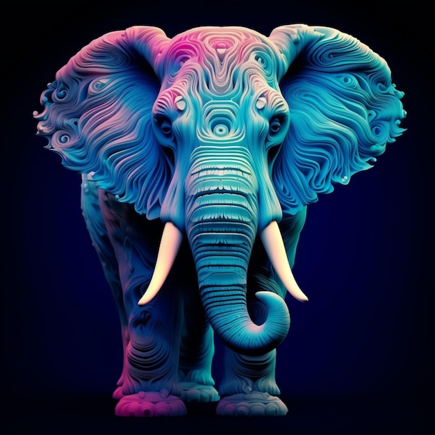 어두운 배경 앞에 서 있는 수염과 수막을 가진 밝은 색의 코끼리