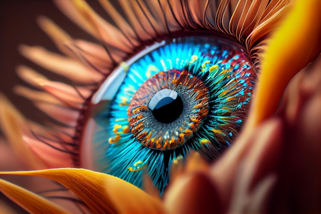 Brightly colored eye with a flower in the foreground generative ai