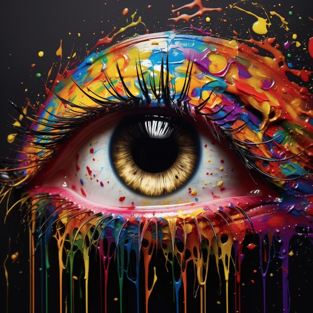 brightly colored eye with multicolored paint drips on it generative ai