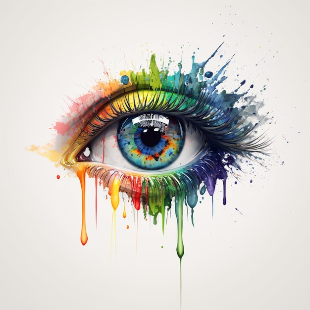 Brightly colored eye with watercolor splashs on it generative ai