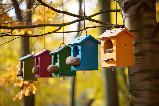 Brightly colored feeders hanging from birdhouses among the trees created with generative ai