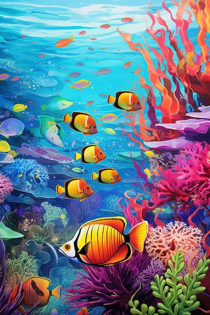 Brightly colored fish darting among the vibrant coral reef