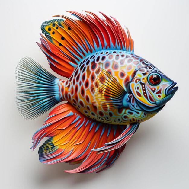 Brightly colored fish with a colorful tail on a white surface generative ai