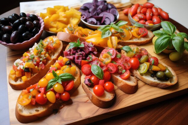 Brightly colored and flavorful bruschetta platter for a summertime party appetizer