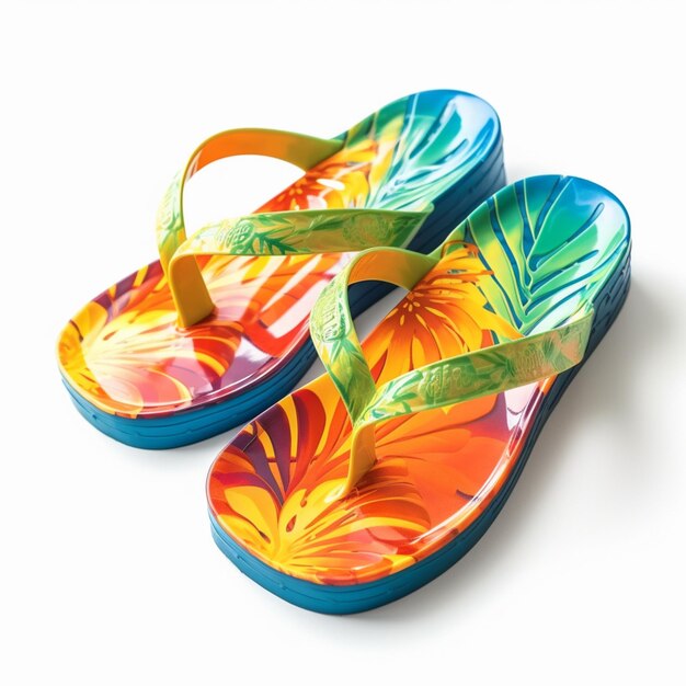 Photo brightly colored flip flops with tropical print on them on a white surface generative ai