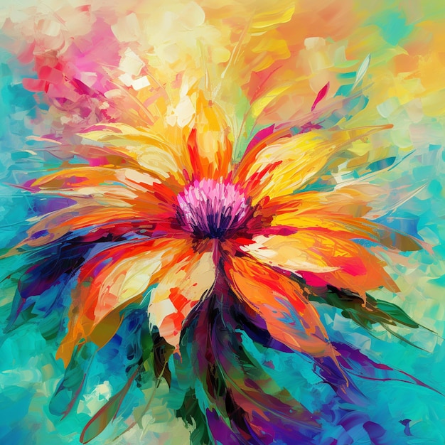Brightly colored flower painting on a blue background generative ai