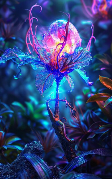 Photo brightly colored flower with a glowing orb in the middle of it generative ai