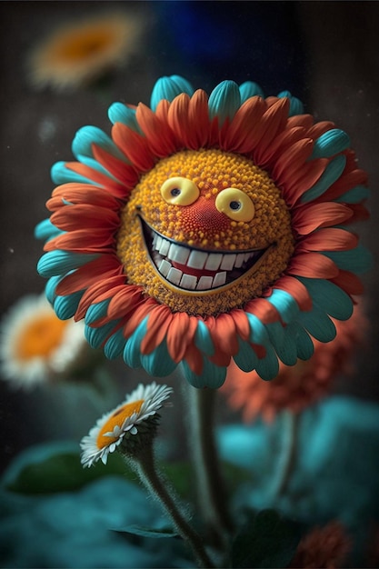 Brightly colored flower with a smiling face on it generative ai