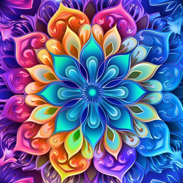 Brightly colored flower with swirls and petals in a rainbow colored background generative ai