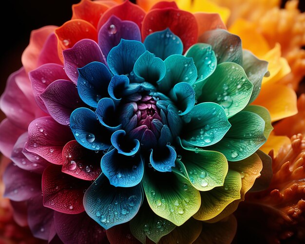 Brightly colored flower with water droplets on petals in dark background generative ai