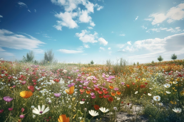 明るい青い空に照らされた鮮やかな色の花で満たされた草原