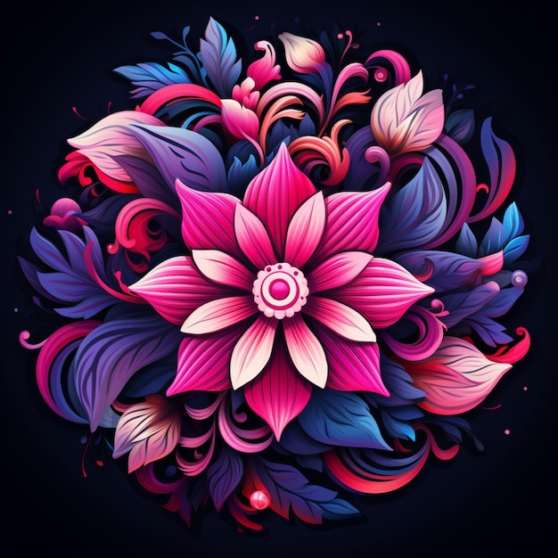 Brightly colored flowers are arranged in a circle on a black background image Ai generated art