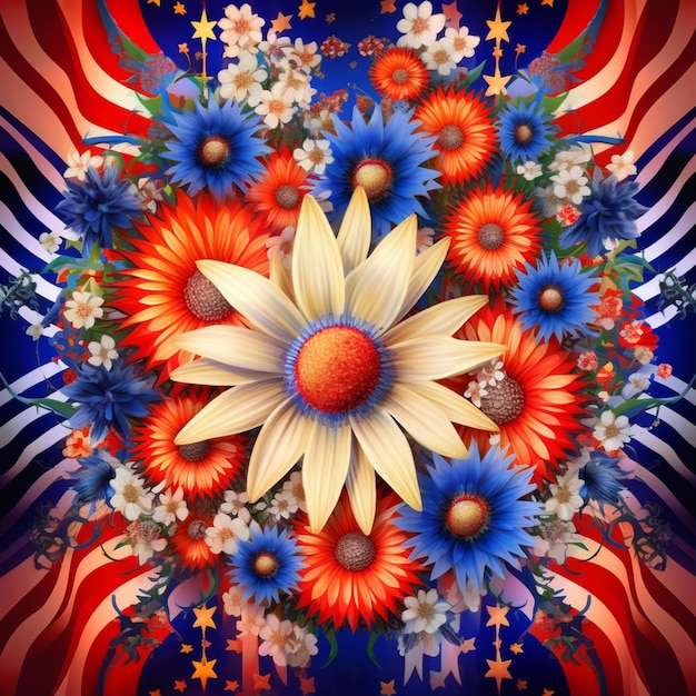 Brightly colored flowers are arranged in a circle on a patriotic background generative ai