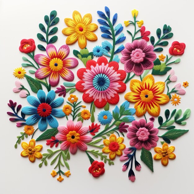 brightly colored flowers are arranged in a circle on a white surface generative ai