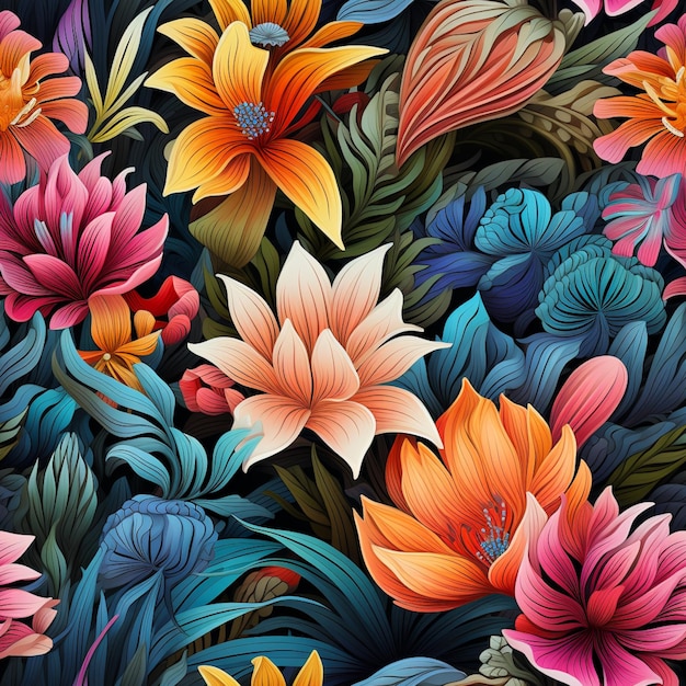 brightly colored flowers are arranged in a pattern on a black background generative ai