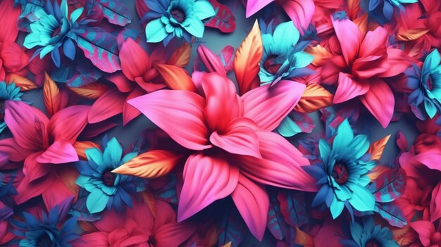 brightly colored flowers are arranged in a pattern on a blue background generative ai